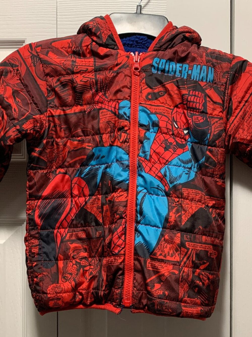 Marvel Spider-Man Zip Up Comic Hooded Jacket Size Toddler 4T Reversable Red/Blue